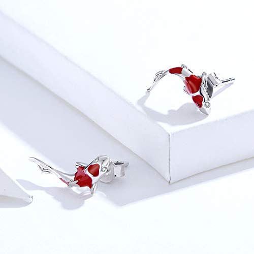 Qings Pendientes de botón de carpa roja de pez Koi para mujeres y niñas exquisita plata de ley 925 chapada en platino con incrustaciones de circonita brillante