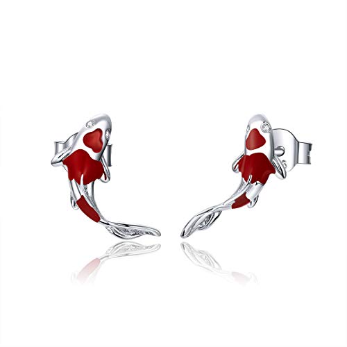 Qings Pendientes de botón de carpa roja de pez Koi para mujeres y niñas exquisita plata de ley 925 chapada en platino con incrustaciones de circonita brillante