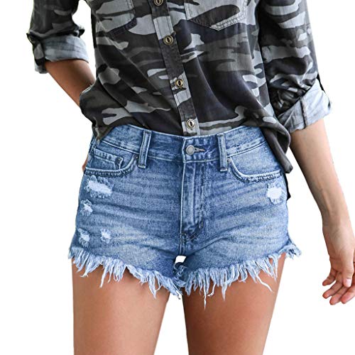 QinMMROPA Vaqueros Rotos Cortos para Mujer y niña, Pantalones Cortos Ajustados Boyfriends Rotos Short Jeans Mujeres Sexy Pantalon Cielo(Blue) S