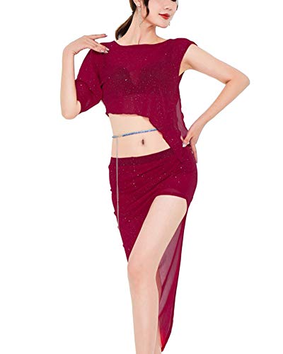 QitunC Conjunto De Danza del Vientre para Mujeres Trajes De Rendimiento De Danza Tops Y Faldas De Hendidura Vino Rojo M QitunC Conjunto De Danza del Vientre para Mujeres Trajes De Rendimiento De Danza Tops Y Faldas De Hendidura Vino Rojo M