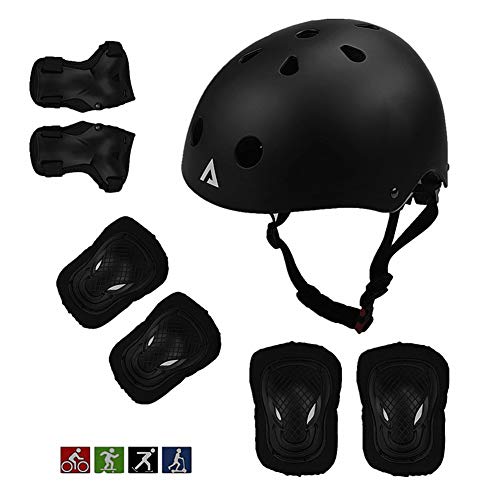 QIUBD Protección Patinaje, Protección Infantil Consta De Casco Ajustable Rodilleras Coderas, Urban Skate/Scooter Skate/en Línea Patinaje Ciclismo Y Deportes Extremos (Matte Black)