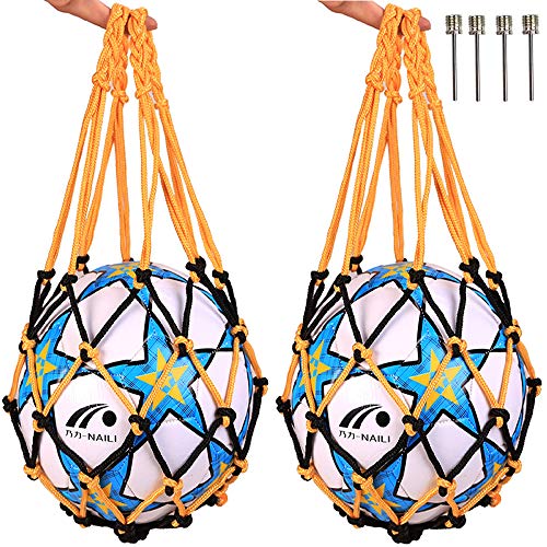 Qiwenr Bolso de Malla de Malla de FúTbol con Una Sola Bola，Bolsa de Almacenamiento con Cordó Fútbol Baloncesto Bolsa de Transporte Bolsa de Red de Voleibol，2PCS Aguja Inflable Esférica