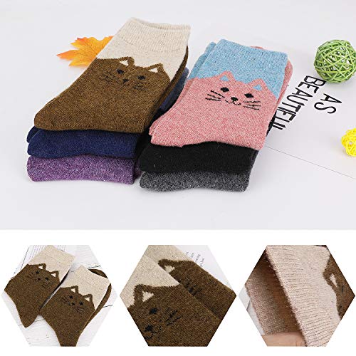 QKURT 6 pares de calcetines de lana para mujer, calcetines térmicos cálidos para mujer, calcetines de gato novedosos y bonitos, calcetines gruesos de invierno para niñas y mujeres QKURT 6 pares de calcetines de lana para mujer, calcetines térmicos cálidos para mujer, calcetines de gato novedosos y bonitos, calcetines gruesos de invierno para niñas y mujeres