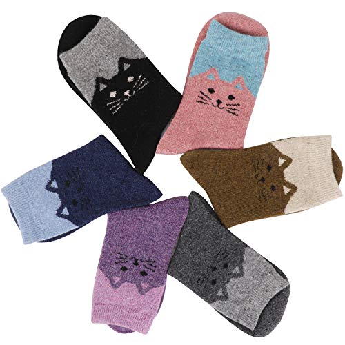QKURT 6 pares de calcetines de lana para mujer, calcetines térmicos cálidos para mujer, calcetines de gato novedosos y bonitos, calcetines gruesos de invierno para niñas y mujeres