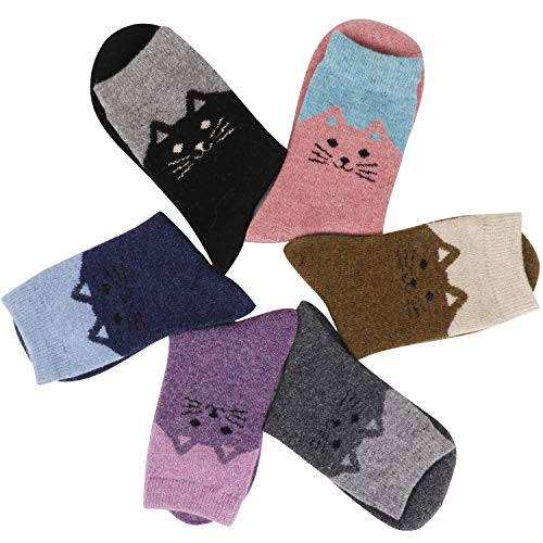 QKURT 6 pares de calcetines de lana para mujer, calcetines térmicos cálidos para mujer, calcetines de gato novedosos y bonitos, calcetines gruesos de invierno para niñas y mujeres QKURT 6 pares de calcetines de lana para mujer, calcetines térmicos cálidos para mujer, calcetines de gato novedosos y bonitos, calcetines gruesos de invierno para niñas y mujeres