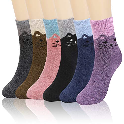 QKURT 6 pares de calcetines de lana para mujer, calcetines térmicos cálidos para mujer, calcetines de gato novedosos y bonitos, calcetines gruesos de invierno para niñas y mujeres