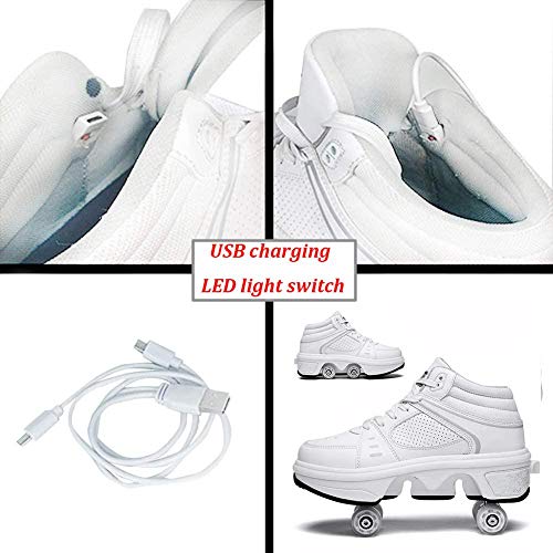 qmj Zapatillas con Ruedas para Niños Zapatos con Ruedas Patín En Línea LED Zapatos Multiusos 2 En 1 Botas De Patinaje Cuádruples Ajustables,White High top-EU40