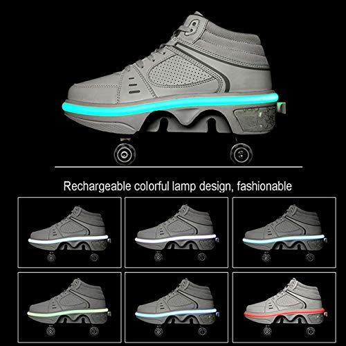 qmj Zapatillas con Ruedas para Niños Zapatos con Ruedas Patín En Línea LED Zapatos Multiusos 2 En 1 Botas De Patinaje Cuádruples Ajustables,White High top-EU40