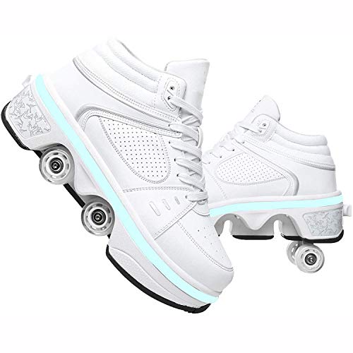 qmj Zapatillas con Ruedas para Niños Zapatos con Ruedas Patín En Línea LED Zapatos Multiusos 2 En 1 Botas De Patinaje Cuádruples Ajustables,White High top-EU40