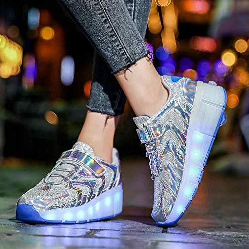 qmj Zapatos De Patín De Ruedas LED para Niños Adultos Patineta Técnica Retráctil con Carga USB Patines Ajustables Y Patines En Línea Patines En Línea Zapatillas De Deporte Al Aire Libre,Silver-38