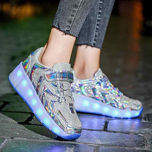 qmj Zapatos De Patín De Ruedas LED para Niños Adultos Patineta Técnica Retráctil con Carga USB Patines Ajustables Y Patines En Línea Patines En Línea Zapatillas De Deporte Al Aire Libre,Silver-38