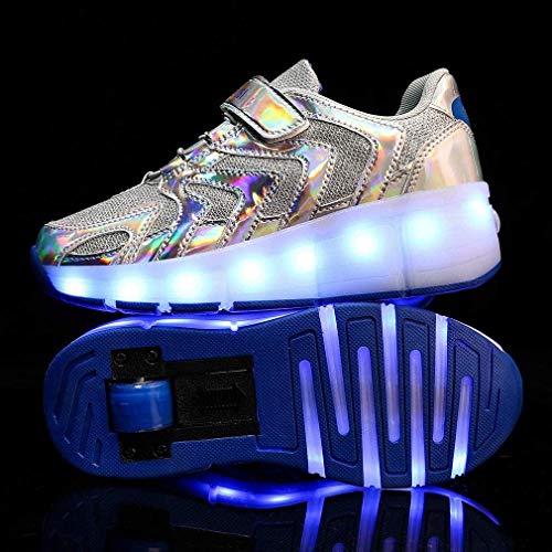 qmj Zapatos De Patín De Ruedas LED para Niños Adultos Patineta Técnica Retráctil con Carga USB Patines Ajustables Y Patines En Línea Patines En Línea Zapatillas De Deporte Al Aire Libre,Silver-38