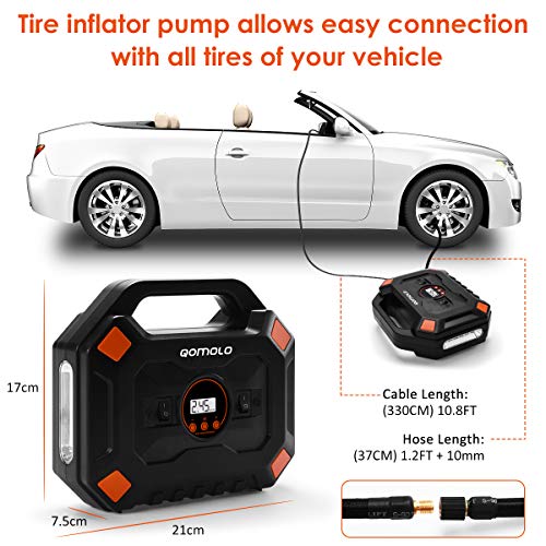 Qomolo Compresor de Aire Coche Portátil, 12V Bomba de Aire Eléctrico Hinchador con Luz LED,4 Adaptadores de Válvulas, para Inflar Neumáticos de Coche Motocicleta Bicicleta y Baloncesto, 120PSI Qomolo Compresor de Aire Coche Portátil, 12V Bomba de Aire Eléctrico Hinchador con Luz LED,4 Adaptadores de Válvulas, para Inflar Neumáticos de Coche Motocicleta Bicicleta y Baloncesto, 120PSI