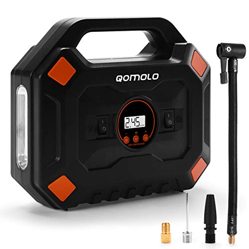 Qomolo Compresor de Aire Coche Portátil, 12V Bomba de Aire Eléctrico Hinchador con Luz LED,4 Adaptadores de Válvulas, para Inflar Neumáticos de Coche Motocicleta Bicicleta y Baloncesto, 120PSI