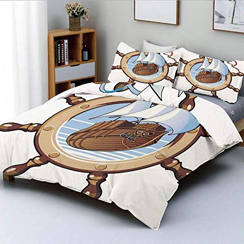 Qoqon Juego de Funda nórdica, Imagen del Barco Enmarcado en el Volante Aventura Náutica Tema Obra gráfica Impresión Decorativa Juego de Cama de 3 Piezas con 2 Fundas de Almohada, Azul marrón