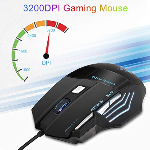 QueenDer Ratón Gaming, Ratones Gaming Profesional con Cable USB Gaming Mouse Óptico, 4 dpi Adjustables y 7 Botón Compatible con Windows 7, 8, 10, XP, Vista, ME, 2000 y Mac OS - Negro