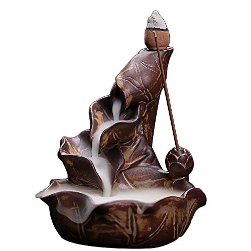 Quemador de incienso de reflujo, diseño de flor de loto, de cerámica, perfecto para el hogar, con 10 conos de incienso de reflujo Quemador de incienso de reflujo, diseño de flor de loto, de cerámica, perfecto para el hogar, con 10 conos de incienso de reflujo