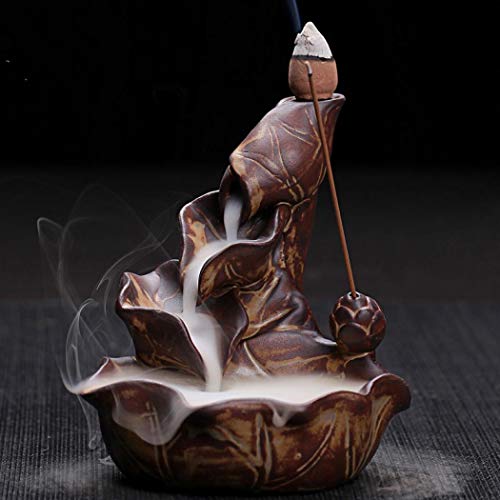 Quemador de incienso de reflujo, diseño de flor de loto, de cerámica, perfecto para el hogar, con 10 conos de incienso de reflujo Quemador de incienso de reflujo, diseño de flor de loto, de cerámica, perfecto para el hogar, con 10 conos de incienso de reflujo