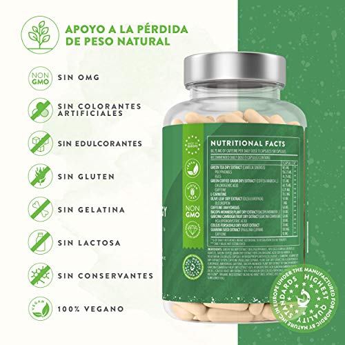Quemagrasas - Apoya a la pérdida de peso + Acelera el Metabolismo - Termogénico natural con Té Verde, Extracto de Café Verde y Garcinia Cambogia - 95% Polifenoles - 90 Cápsulas. Quemagrasas - Apoya a la pérdida de peso + Acelera el Metabolismo - Termogénico natural con Té Verde, Extracto de Café Verde y Garcinia Cambogia - 95% Polifenoles - 90 Cápsulas.
