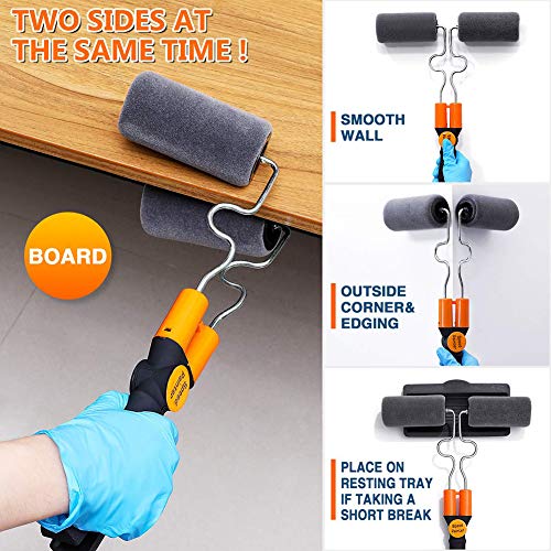 Queta Kit de brocha de rodillo de pintura, rodillo de pintura de velocidad profesional con tanque recargable + guantes para puerta de valla de techo de pared, 5 piezas + 2 pares