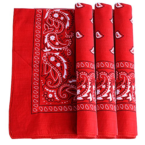 QUMAO Pack de 3 Pañuelos Bandanas de Modelo de Paisley para Cuello/Cabeza Multicolor Múltiple 100% Algodón para Mujer y Hombre (Pack de 3; Rojo)