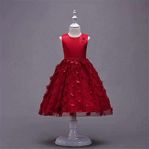 QZ Niñas de los niños del Banquete de Boda Dulce Princesa Vestido Tridimensional Apliques de Flores fantasía romántica Vestido de Fiesta de cumpleaños Vestido Tutu 3-8Y,Red,130CM