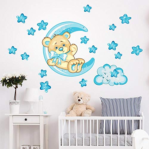 R00318 Adhesivos de pared Luna Osito de peluche Estrellas Decoración niños Dormitorio infantil