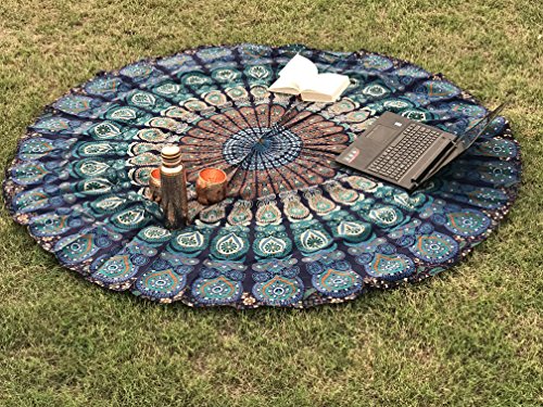 raajsee Tela Redonda de Mandala, Estilo Hippie, Indio Bohemio de Pavo Real, de algodón, Ideal como Colcha, Tapiz Decorativo, Mantel o Toalla de Playa, Yoga, algodón, Azul, Verde, 70 Inch