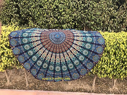 raajsee Tela Redonda de Mandala, Estilo Hippie, Indio Bohemio de Pavo Real, de algodón, Ideal como Colcha, Tapiz Decorativo, Mantel o Toalla de Playa, Yoga, algodón, Azul, Verde, 70 Inch