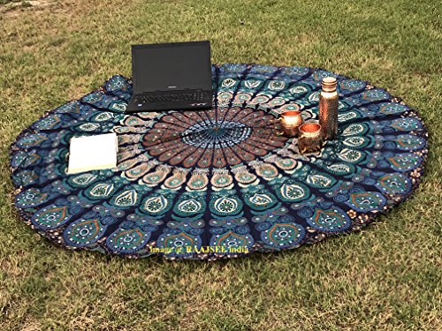 raajsee Tela Redonda de Mandala, Estilo Hippie, Indio Bohemio de Pavo Real, de algodón, Ideal como Colcha, Tapiz Decorativo, Mantel o Toalla de Playa, Yoga, algodón, Azul, Verde, 70 Inch