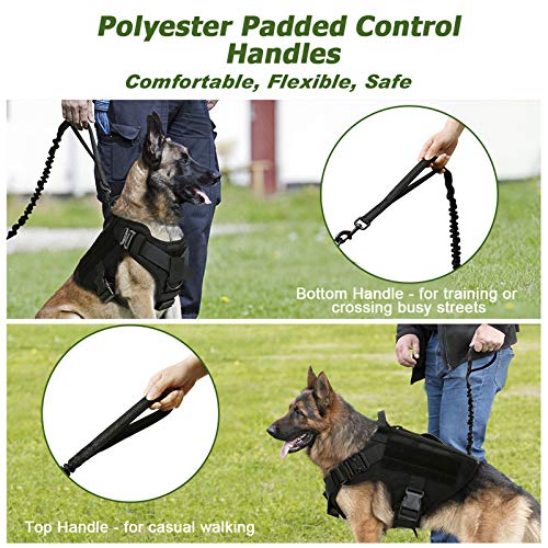 rabbitgoo Correa para Perro Elástica Tactical, Cables con 2 Asas Correa de Nylon Reflectantes para Mascota Grande Mediano con Extensión Fuerte para Entrenamiento Perros Militares Negro