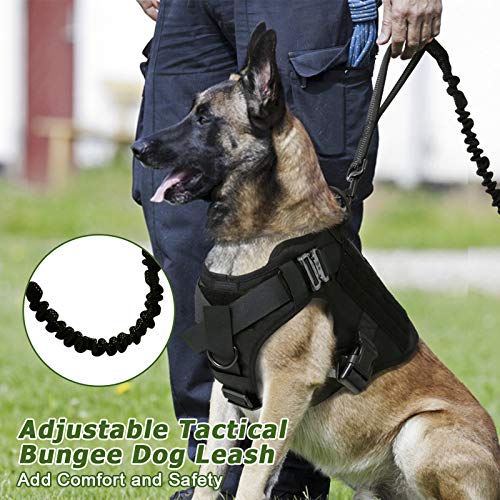 rabbitgoo Correa para Perro Elástica Tactical, Cables con 2 Asas Correa de Nylon Reflectantes para Mascota Grande Mediano con Extensión Fuerte para Entrenamiento Perros Militares Negro