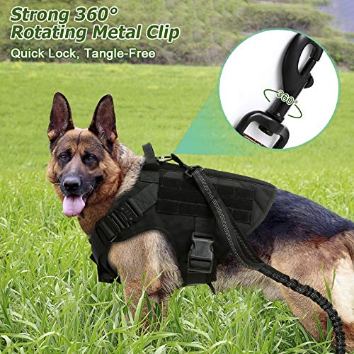 rabbitgoo Correa para Perro Elástica Tactical, Cables con 2 Asas Correa de Nylon Reflectantes para Mascota Grande Mediano con Extensión Fuerte para Entrenamiento Perros Militares Negro