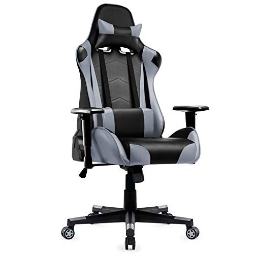 Racing Silla Gamer, IntimaTe WM Heart Silla Gaming de Ergonómica, Silla con Reposacabeza Apoyo y Cojín Lumbar, Cuero Sintético PU, para Los Jugadores de PC Gamer (Gris)