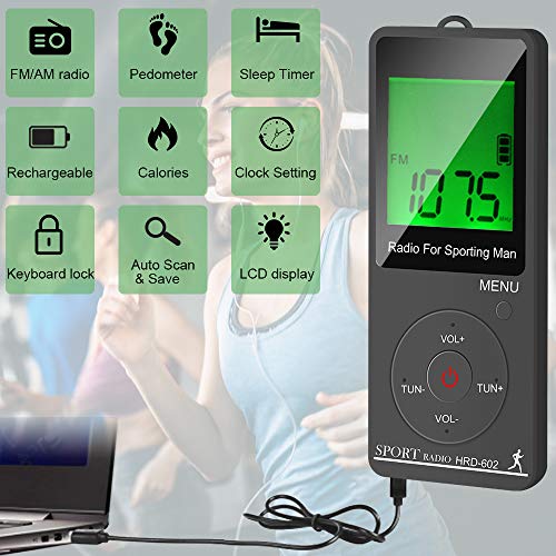 Radio de bolsillo Digital, Am FM Radio Pequeñas Portatil Recargables USB Radios con Auriculares, Podómetro, Temporizador de sueño y Reloj, Auto-búsqueda y Memorización, para caminar, trotar, deportiva Radio de bolsillo Digital, Am FM Radio Pequeñas Portatil Recargables USB Radios con Auriculares, Podómetro, Temporizador de sueño y Reloj, Auto-búsqueda y Memorización, para caminar, trotar, deportiva