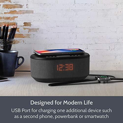 Radio Despertador con Carga Inalambrica, Puerto de carca USB, FM Radio, Bluetooth y Pantalla LED (Negro)