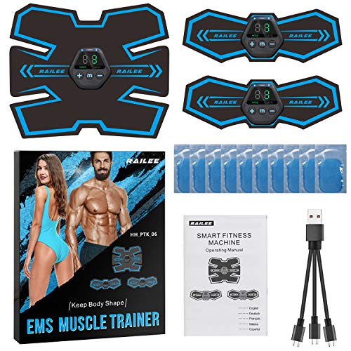 Railee Electroestimulador Muscular Abdominales, EMS Estimulador Abdominales Electroestimulador Muscular USB Recargable, 10 Modos y 20 Niveles de Intensidad Muscle Trainer para Abdomen/Pierna/Brazo