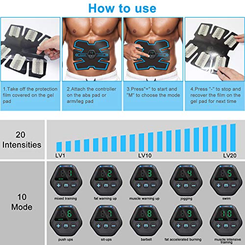 Railee Electroestimulador Muscular Abdominales, EMS Estimulador Abdominales Electroestimulador Muscular USB Recargable, 10 Modos y 20 Niveles de Intensidad Muscle Trainer para Abdomen/Pierna/Brazo