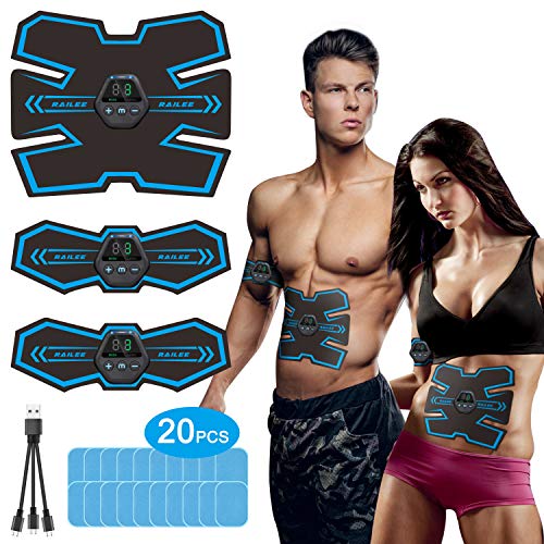 Railee Electroestimulador Muscular Abdominales, EMS Estimulador Abdominales Electroestimulador Muscular USB Recargable, 10 Modos y 20 Niveles de Intensidad Muscle Trainer para Abdomen/Pierna/Brazo