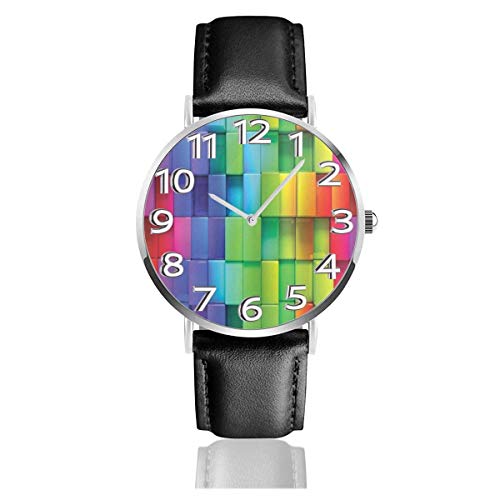 Rainbow Block Reloj de Cuero Artesanal geométrico Tipo ladrillo Relojes de Pulsera de Moda Unisex Reloj de Cuarzo Relojes de Uso