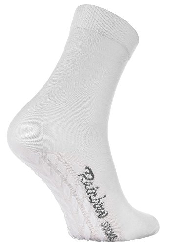 Rainbow Socks - Hombre Mujer Calcetines Antideslizantes ABS Colores de Algodón - 1 Par - Blanco - Talla 44-46