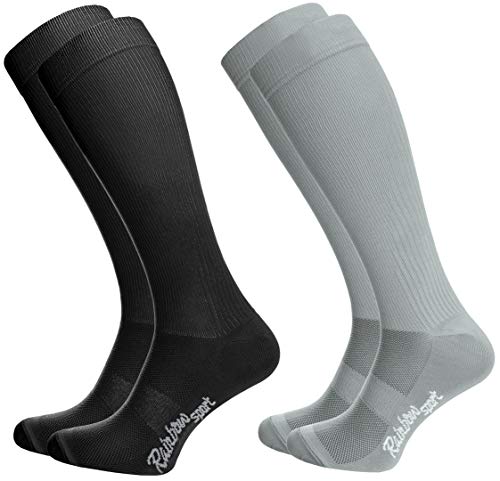 Rainbow Socks - Hombre Mujer Calcetines Largos de Deporte - 2 Pares - Gris Negro - Talla UE 36-38