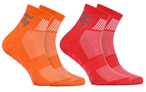 Rainbow Socks - Niño Niña Deporte Calcetines Antideslizantes ABS de Algodón - 2 Pares - Naranja Rojo - Talla 30-35