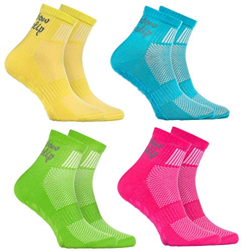 Rainbow Socks - Niño Niña Deporte Calcetines Antideslizantes ABS de Algodón - 4 Pares - Amarillo Turquesa Verde Rosa - Talla 24-29