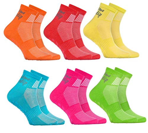 Rainbow Socks - Niño Niña Deporte Calcetines Antideslizantes ABS de Algodón - 6 Pares - Naranja Rojo Amarillo Azul Verde Rosa - Talla 24-29