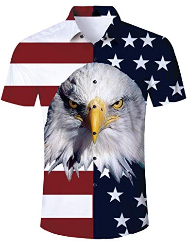 RAISEVERN Camisa Hawaiana para Hombre Manga Corta Bandera Americana Águila Stag Fiesta de Playa Vestido de Lujo para Aves Hawaii Conjunto Medio