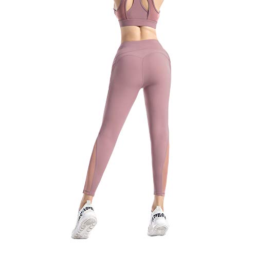 RaMokey Leggings Mujer Pantalón Deportivo Cintura Alta con Bolsillos Leggings Mallas para Yoga Pilates Running Fitness y Ejercicio Rosado L