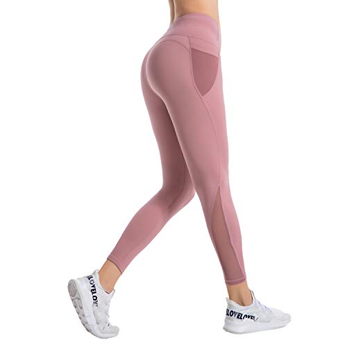 RaMokey Leggings Mujer Pantalón Deportivo Cintura Alta con Bolsillos Leggings Mallas para Yoga Pilates Running Fitness y Ejercicio Rosado L