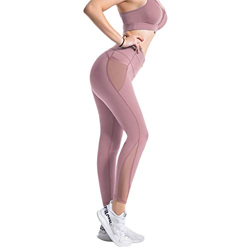 RaMokey Leggings Mujer Pantalón Deportivo Cintura Alta con Bolsillos Leggings Mallas para Yoga Pilates Running Fitness y Ejercicio Rosado L