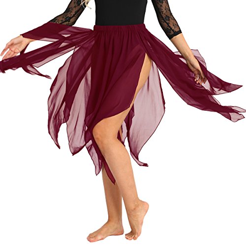 ranrann Asimétrica Falda de Ballet para Mujer Irregular Chifón Vestido de Danza del Vientre Cintura Elástica Falda de Latín Tango Flamenco Dancewear Vino Rojo One_Size